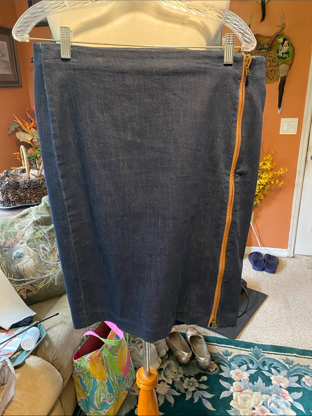 DARK Blue Denim Pencil Skirt with Tan Side Zip